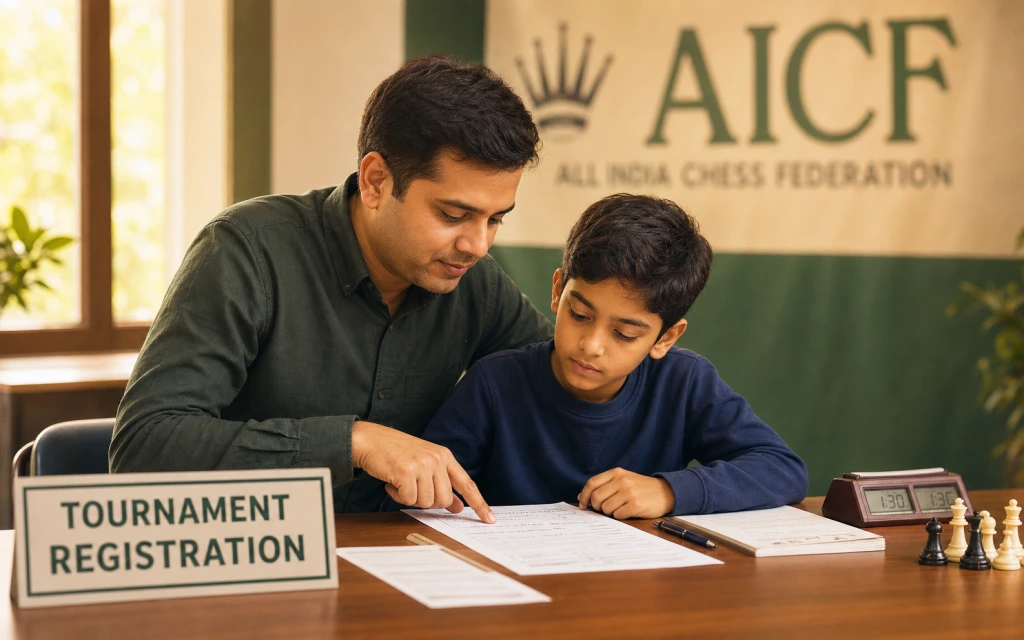 AICF chess tournament hall with players and boards — tournament guide for beginners — ChessWize