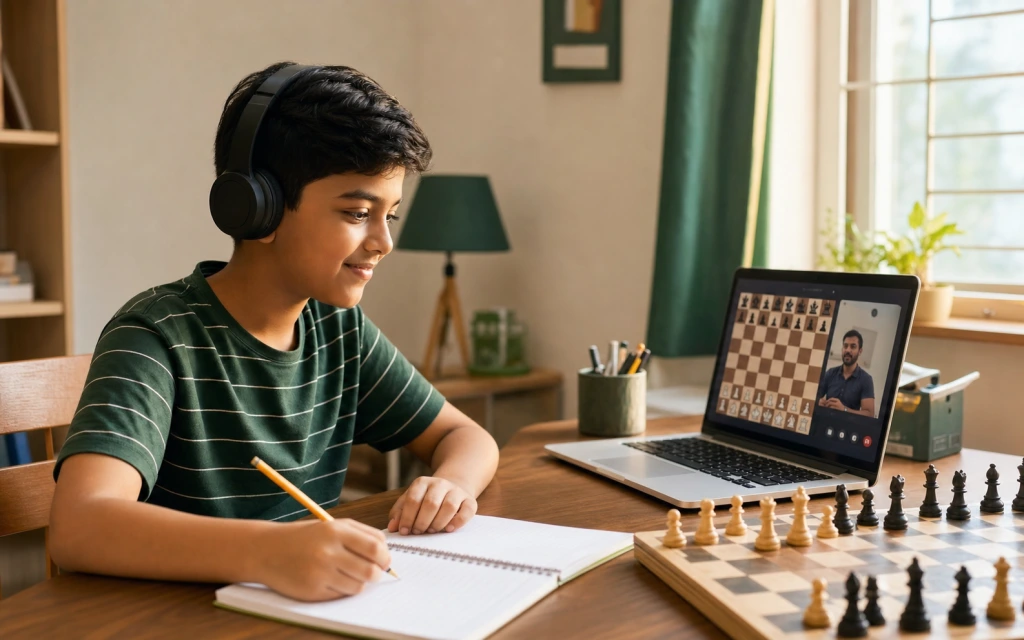 Indian child attending an online chess class on laptop with coaching interface visible — ChessWize