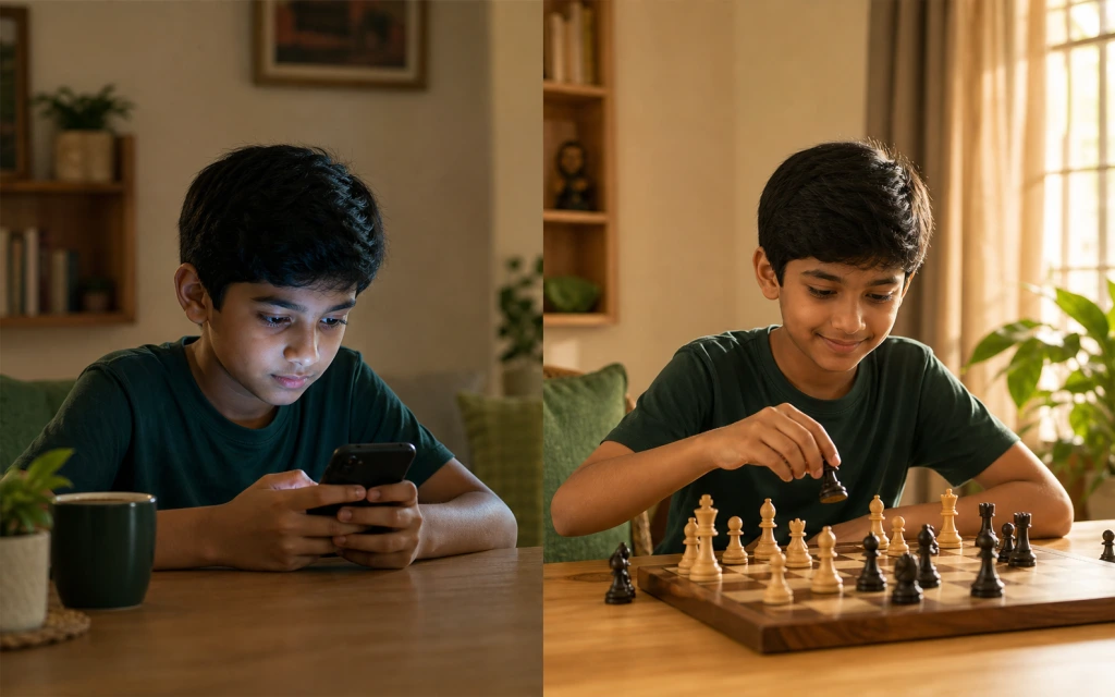 Child choosing between a tablet with chess app and a physical wooden chess board — ChessWize