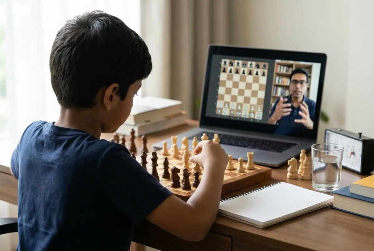 A child analysing a chess position on a real board while his FIDE coach explains the move over a laptop video call — a ChessWize live class