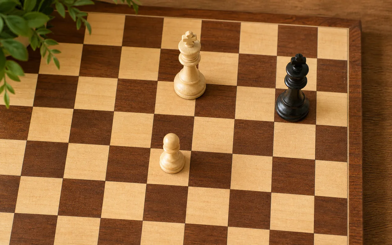 Coach reviewing King and Rook endgame technique with a child over a live chess board