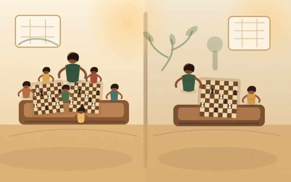 Side-by-side comparison of chess academy group class and one-on-one private tutoring session — ChessWize