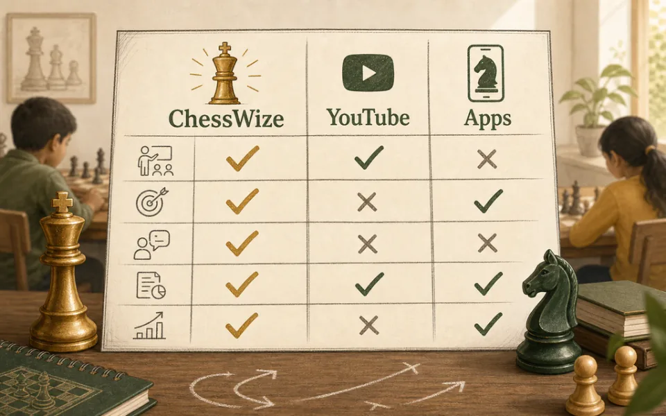 Split screen showing online chess coaching session and chess app interface side by side — ChessWize