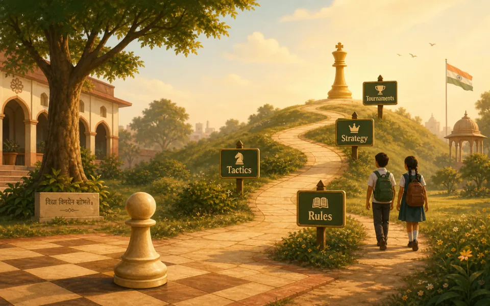 Chess board mid-game with a child's hand making a move — ChessWize