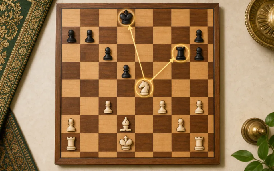 Chess board showing a knight fork attacking king and queen — chess tactics for kids — ChessWize