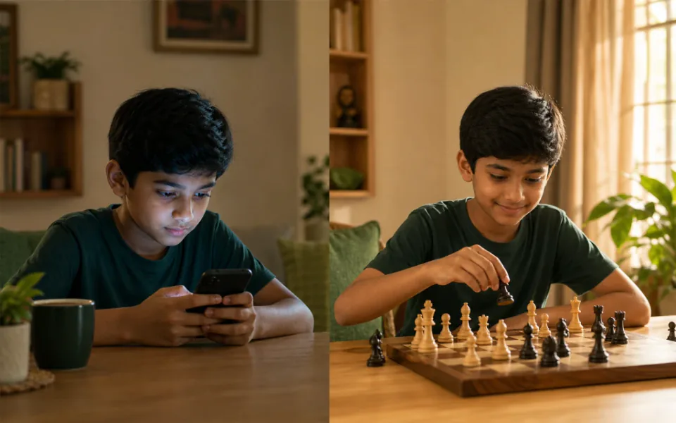 Child choosing between a tablet with chess app and a physical wooden chess board — ChessWize
