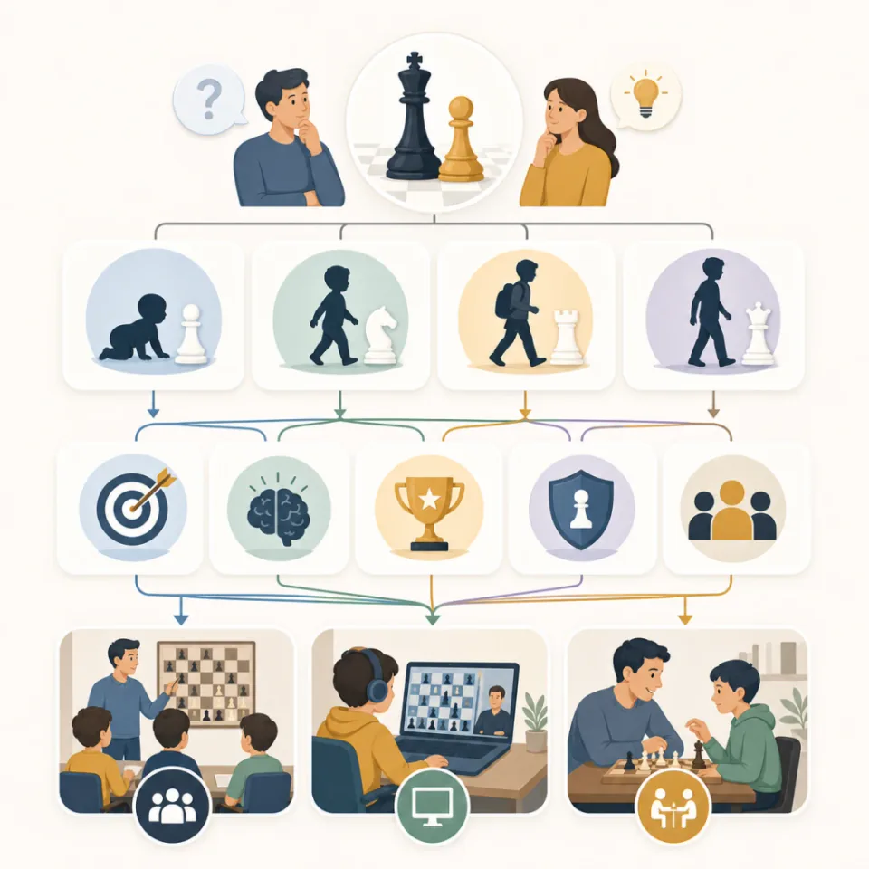 Decision-tree illustration showing how to choose a chess coaching format based on the child's age, goal, and pace