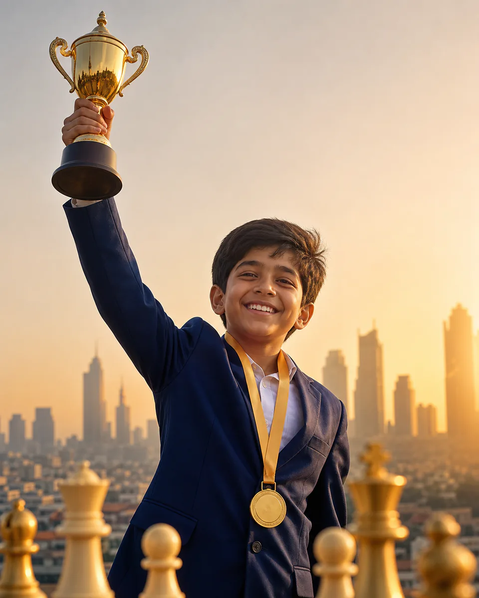 A young chess champion raising a gold trophy at sunset