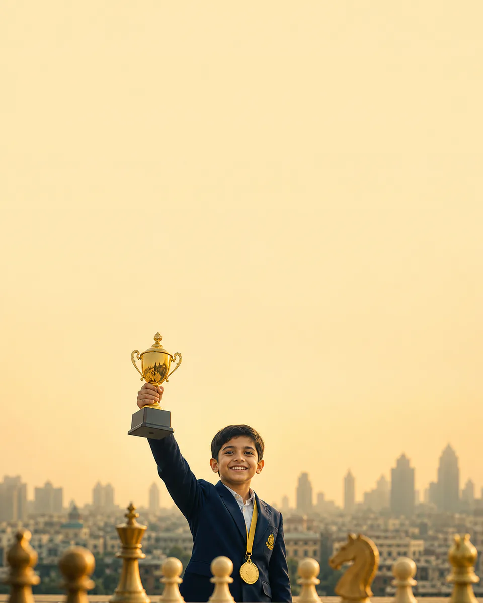 A young chess champion raising a gold trophy above a row of chess pieces