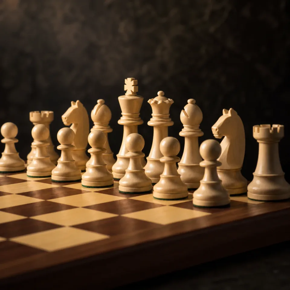 Chess board with wooden pieces